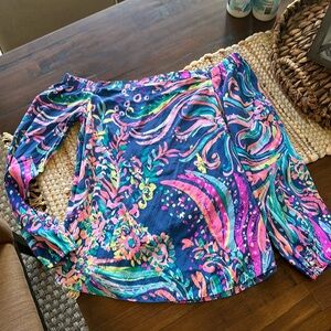 LILLY Pulitzer Adira Stretch Off Shoulder Silk Dress Shirt Beach Loot Size XS